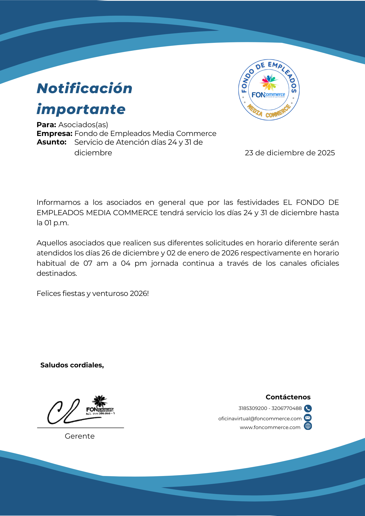 SERVICIO DE ATENCIÓN DIAS 24 Y 31 DE DICIEMBRE